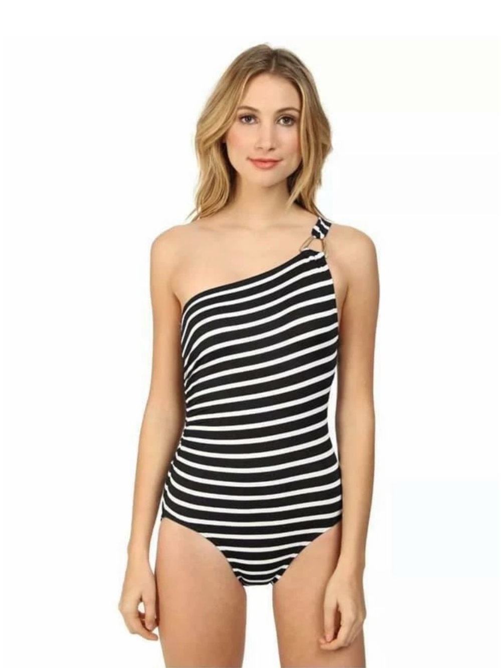 Michael Kors One Shoulder Navy White Striped Ruched One-Piece Swimsuit Sz 10